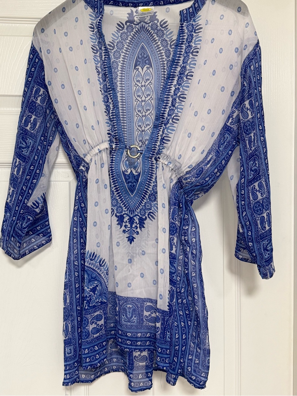 Rima Beachworld Tunic Beach Swimsuit Coverup Blue White Bohemian Sheer Cotton